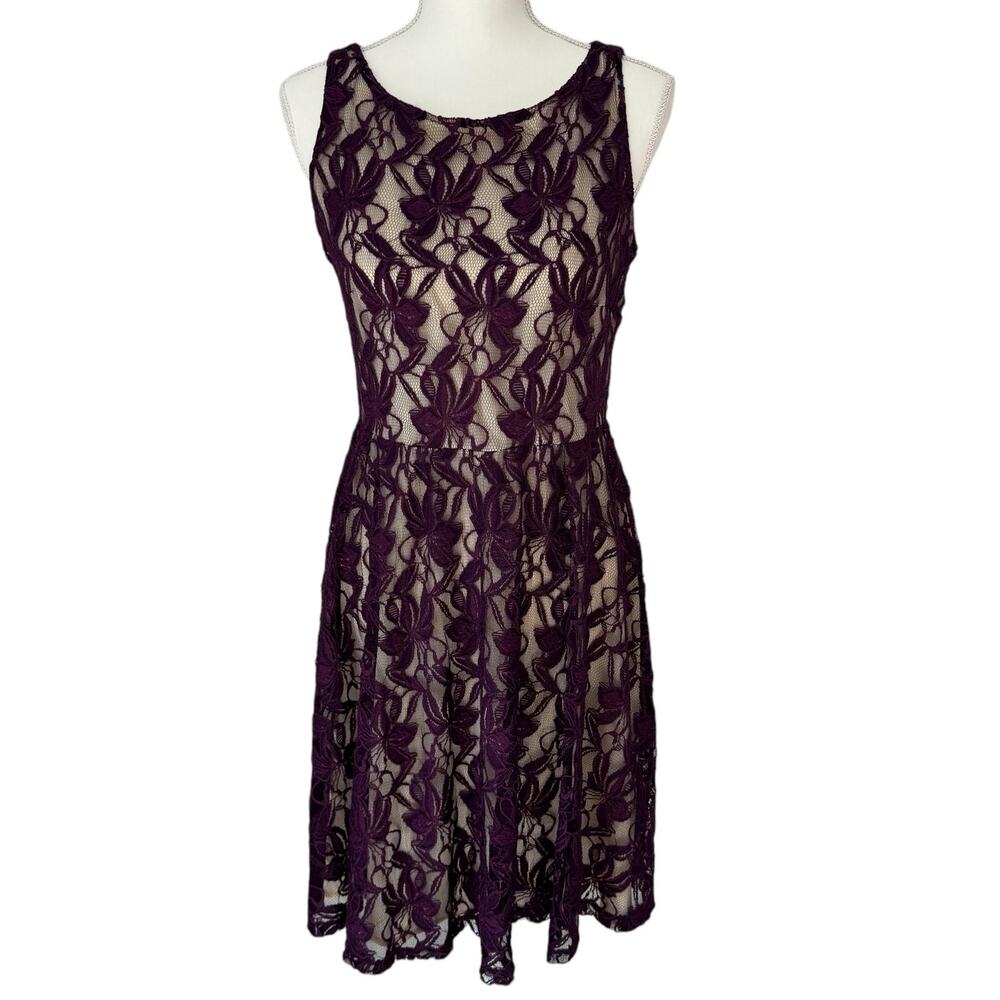 DANNY AND NICOLE Purple Floral Lace Fit Flare Dress Nude Underlay Womens 8